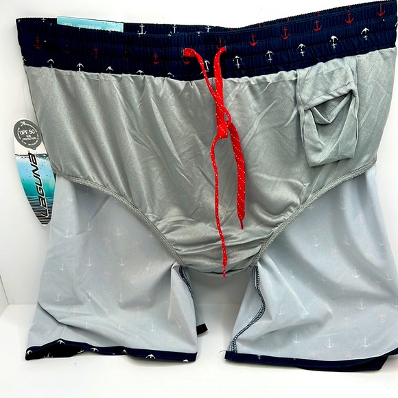 LAGUNA COASTAL FIT ABOVE THE KNEE BATHING SUIT, NAVY WITH RED & WHITE ANCHORS, L - Picture 10 of 15